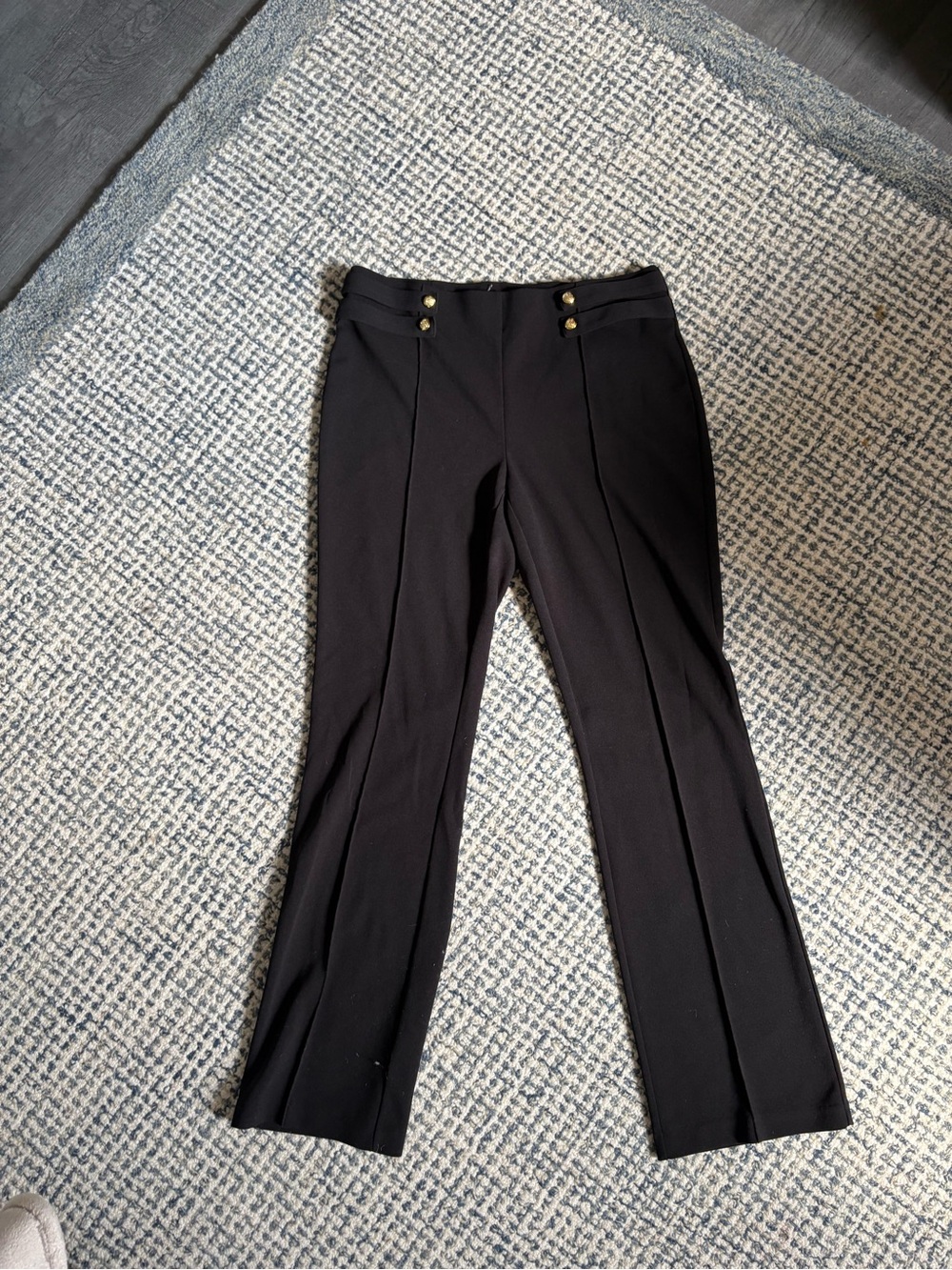 Black Ponte Tailored Straight-Leg Pants with Gold Buttons